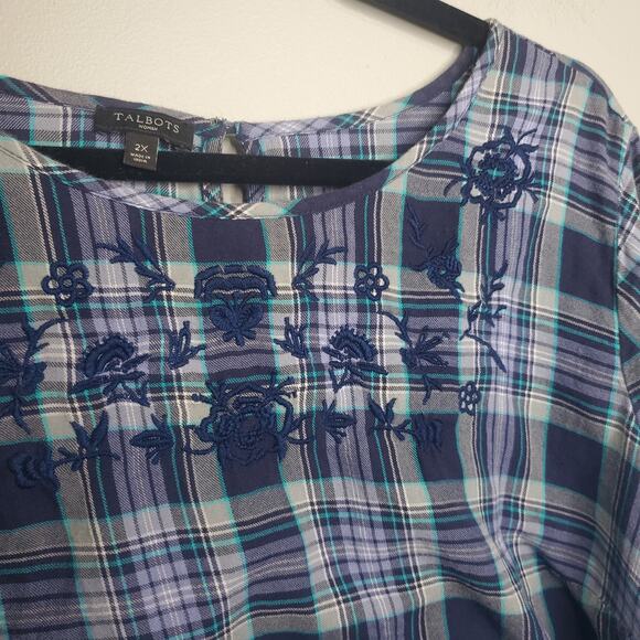 Talbots Plaid Floral Embroidery Scallop Hem Pullover Blouse Plus Size 2X Purple - Picture 3 of 14